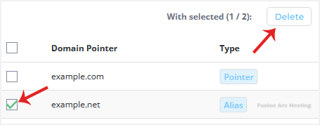 da domainpointer delete alias