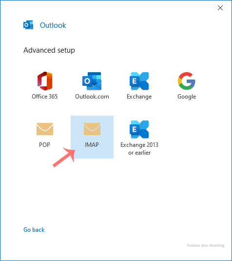 outlook advance setup choose imap