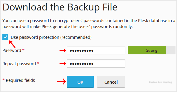 plesk account backup password protection