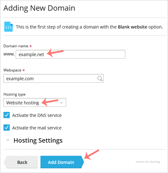 plesk add domain options