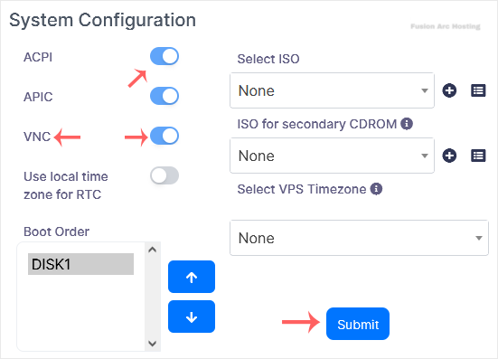 virtualizor enable disable vnc acpi apic
