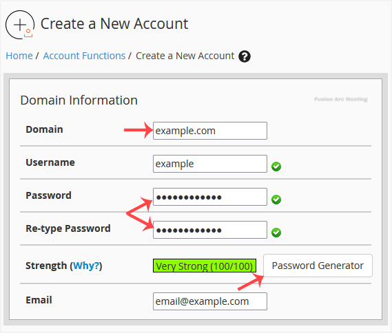 whm reseller create account domaininfo