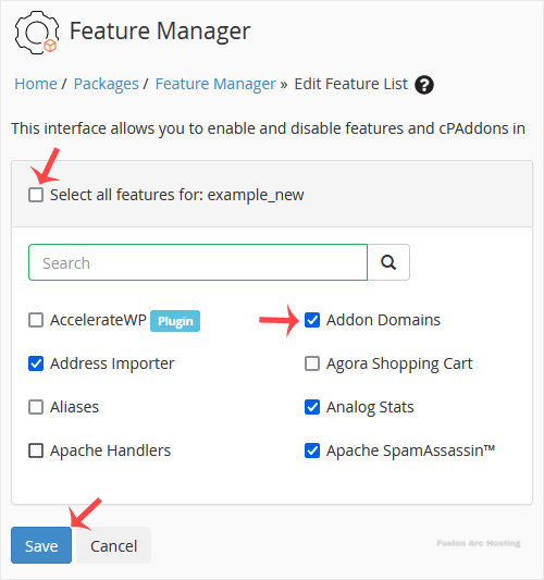 whm reseller feature manager select