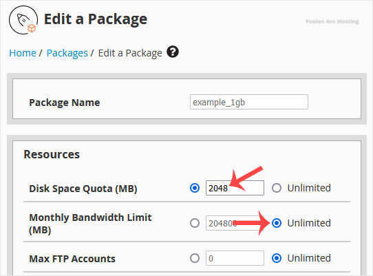 whm reseller modify save package