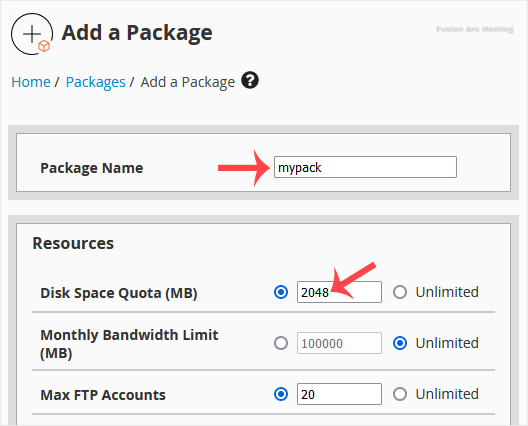 whm reseller package resource