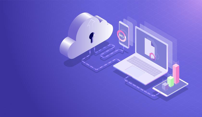 isometric cloud data storage center and cloud computing concept data transfer upload download process by laptop smartphone and tablet database hosting server vector