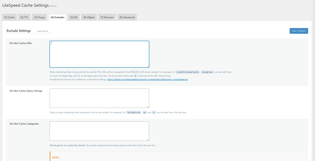 how to exclude URIs in WordPress LSCache plugin